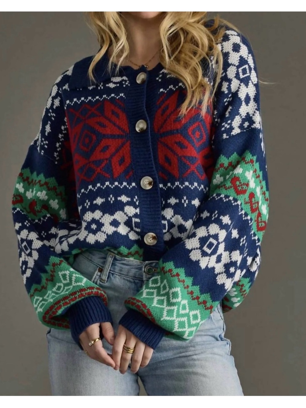 NWOT Panache Apparel Fair Isle Button-Front Knit Sweater Cardigan Size M